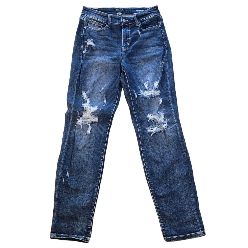 Judy Blue Boyfriend Jeans Destroyed Mid Rise Distressed Stretch Denim Size 7 28